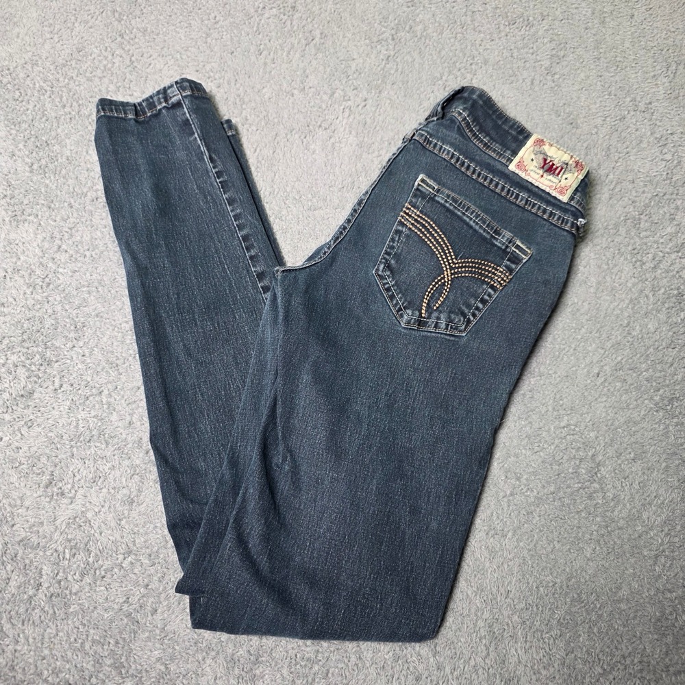 YMI Womens Size 3 Skinny Jeans Dark Wash Low Rise Embroidered Pockets Denim